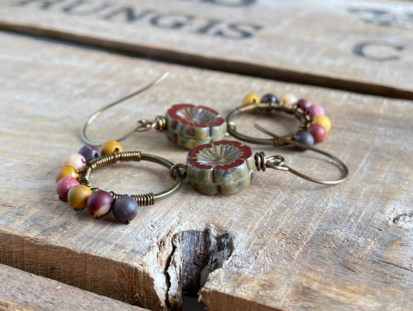 Mookaite & Czech Glass Flower Earrings. Bohemian Style Wirework Hoops. Semi Precious Bead Jewellery