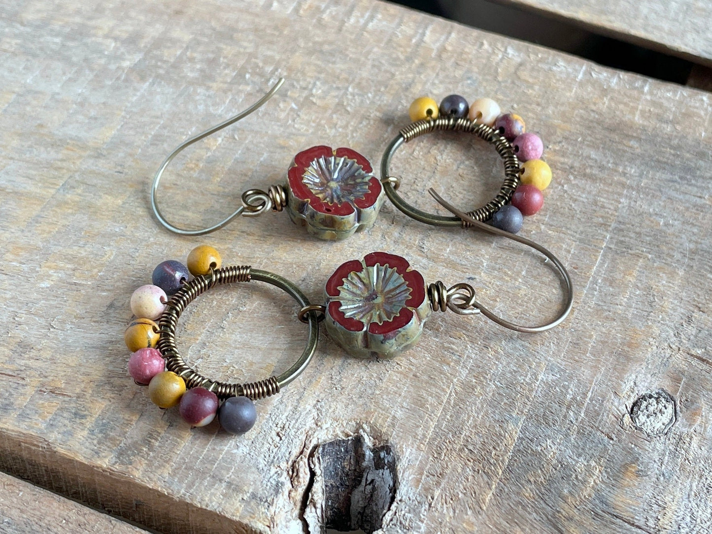 Mookaite & Czech Glass Flower Earrings. Bohemian Style Wirework Hoops. Semi Precious Bead Jewellery