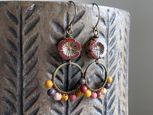 Mookaite & Czech Glass Flower Earrings. Bohemian Style Wirework Hoops. Semi Precious Bead Jewellery