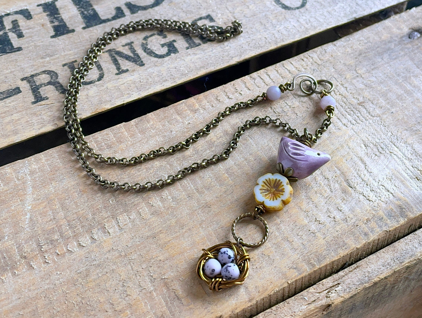 Whimsical Bird & Nest Pendant with Brass Chain.  Artisan Ceramic Necklace. Purple and White Jewellery