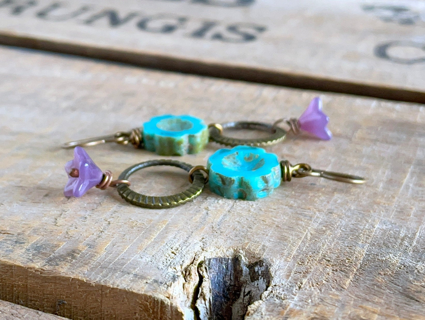 Bohemian Floral Earrings, Turquoise & Purple Glass Flowers, Colourful Czech Glass Jewellery, Summer Style