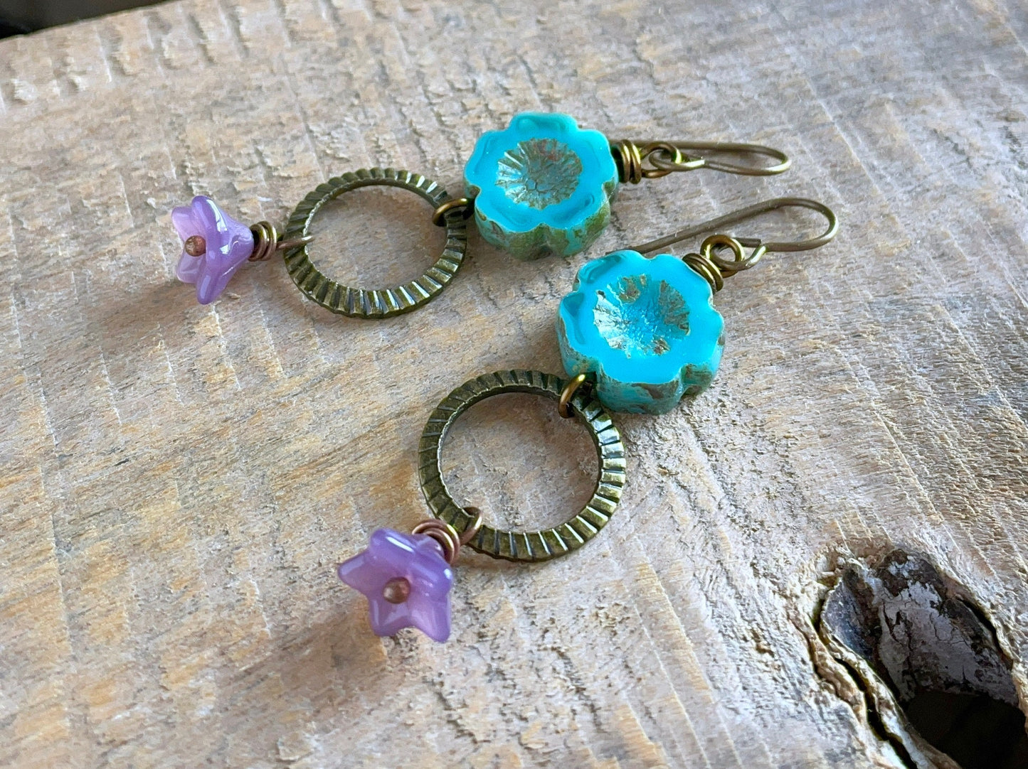 Bohemian Floral Earrings, Turquoise & Purple Glass Flowers, Colourful Czech Glass Jewellery, Summer Style