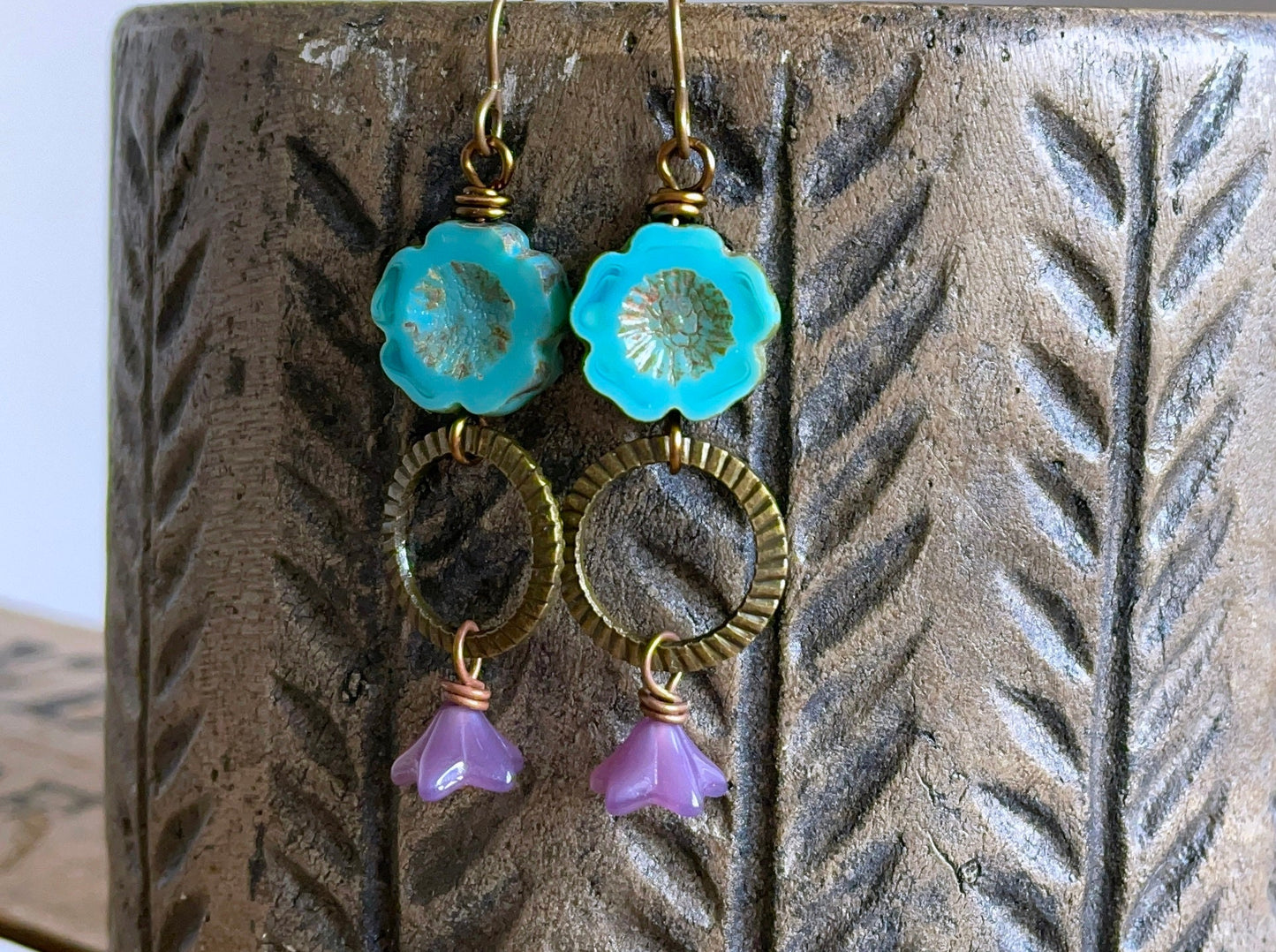 Bohemian Floral Earrings, Turquoise & Purple Glass Flowers, Colourful Czech Glass Jewellery, Summer Style