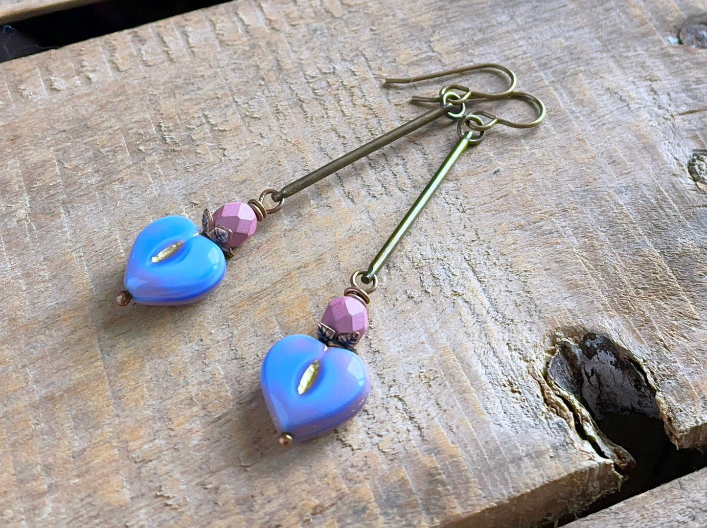 Blue & Pink Czech Glass Heart Earrings - Lightweight Bohemian Brass Jewellery