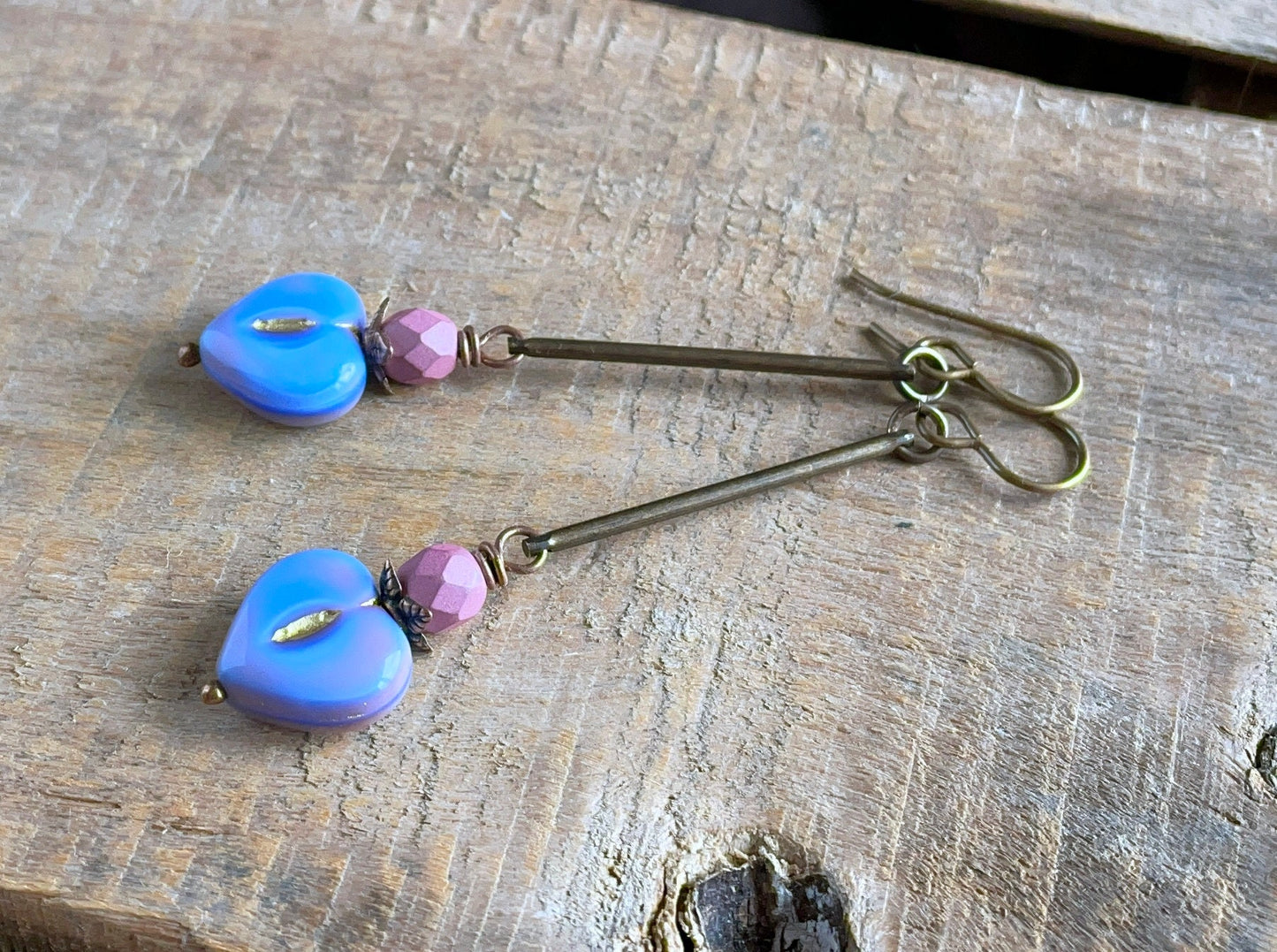 Blue & Pink Czech Glass Heart Earrings - Lightweight Bohemian Brass Jewellery