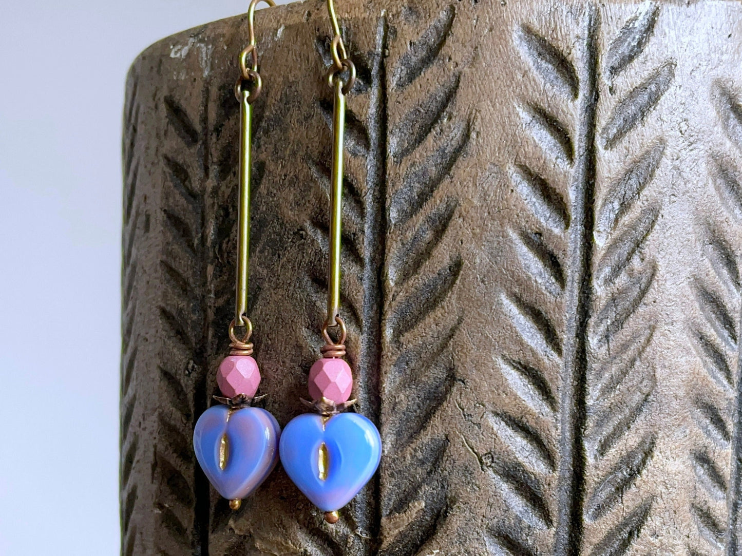 Blue & Pink Czech Glass Heart Earrings - Lightweight Bohemian Brass Jewellery