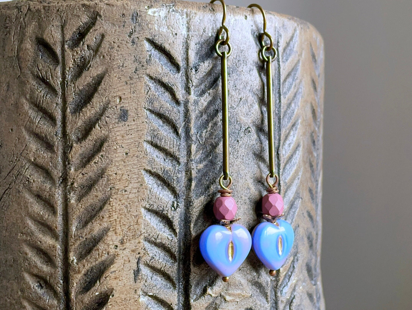 Blue & Pink Czech Glass Heart Earrings - Lightweight Bohemian Brass Jewellery