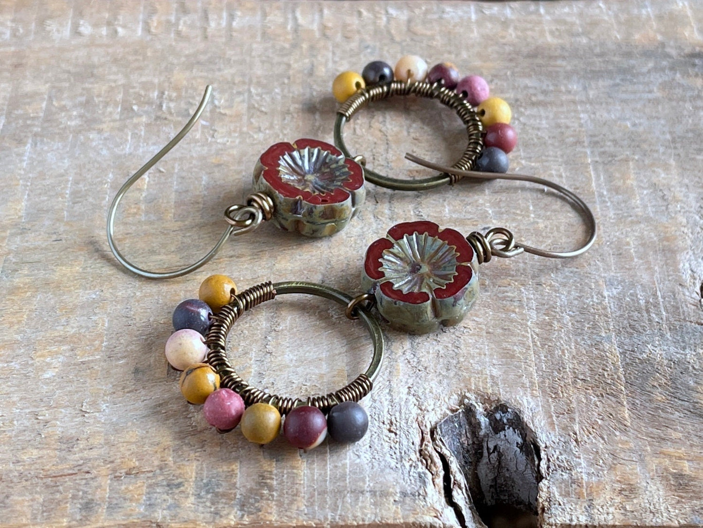 Mookaite & Czech Glass Flower Earrings. Bohemian Style Wirework Hoops. Semi Precious Bead Jewellery