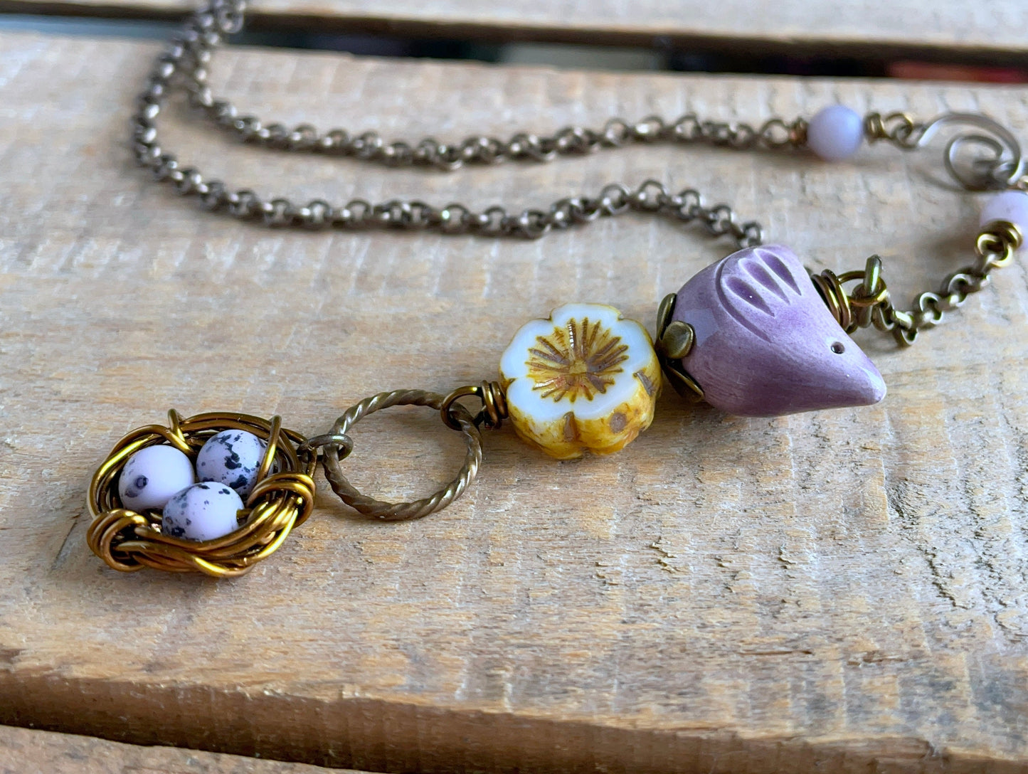 Whimsical Bird & Nest Pendant with Brass Chain.  Artisan Ceramic Necklace. Purple and White Jewellery