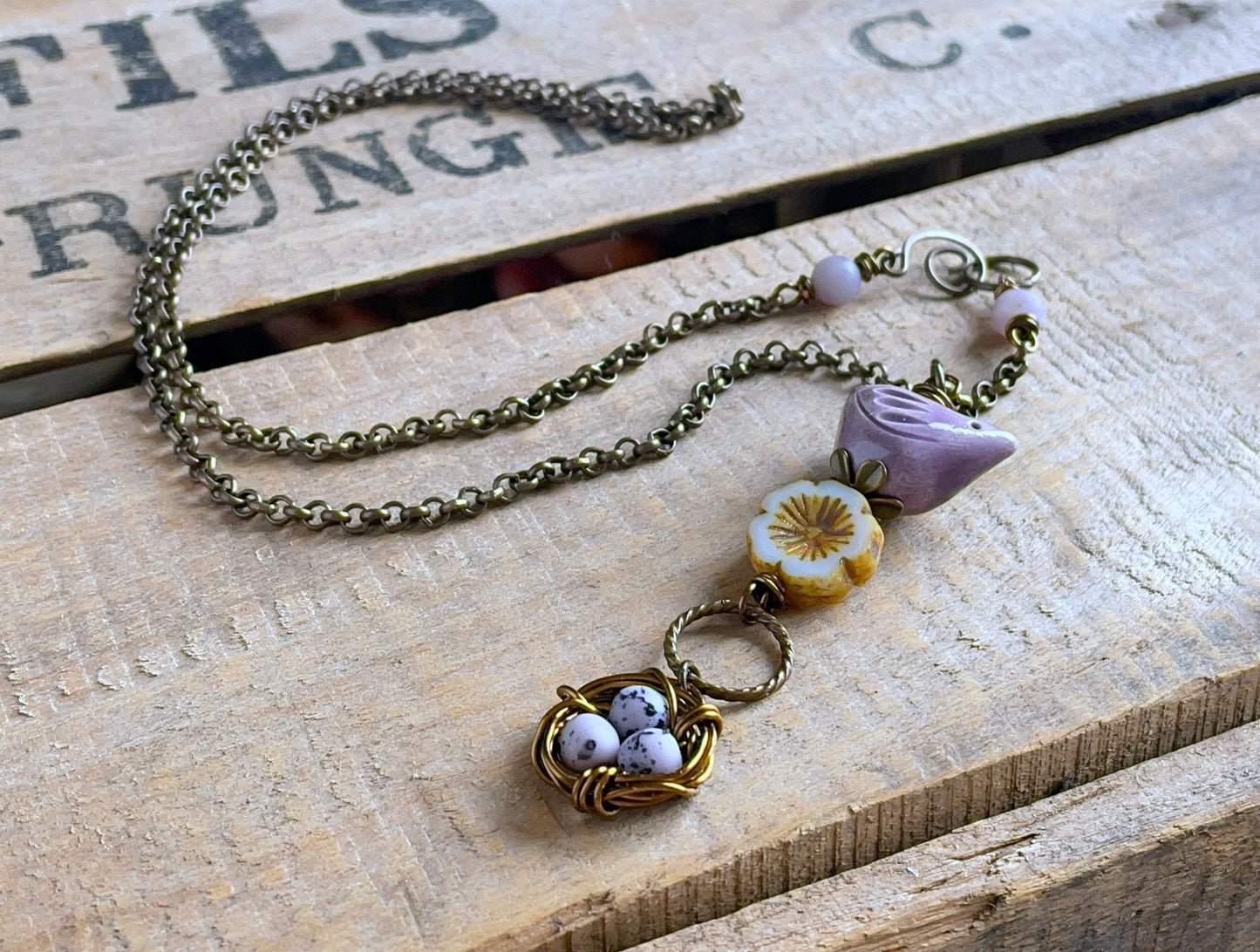 Whimsical Bird & Nest Pendant with Brass Chain.  Artisan Ceramic Necklace. Purple and White Jewellery