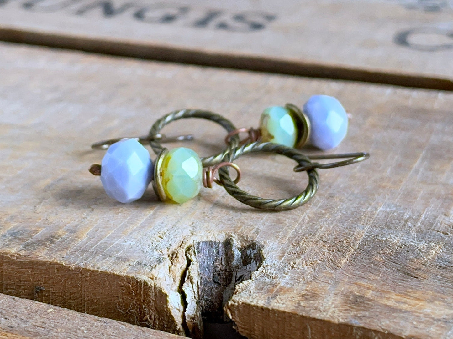 Lilac & Green Faceted Glass Bead Earrings, Spring Colour Jewellery, Bohemian Style