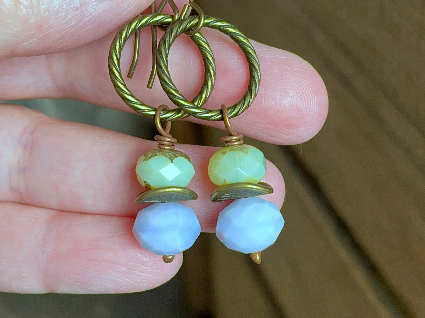 Lilac & Green Faceted Glass Bead Earrings, Spring Colour Jewellery, Bohemian Style