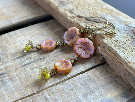 Spring Inspired Czech Glass Flower Earrings. Pink Cascading Blossom Earrings. Bohemian Style Jewellery