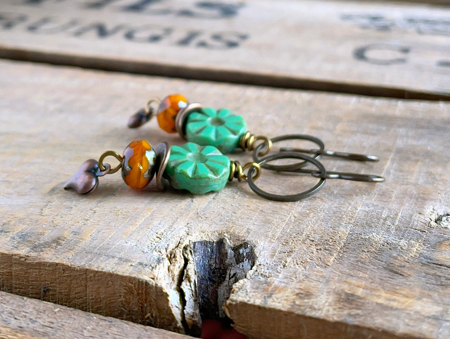 Green & Orange Czech Glass Earrings with Copper Heart Charms. Bohemian Style Jewellery. Colourful Glass Bead Earrings for Summer