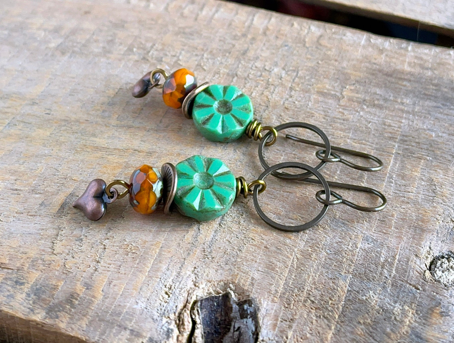 Green & Orange Czech Glass Earrings with Copper Heart Charms. Bohemian Style Jewellery. Colourful Glass Bead Earrings for Summer