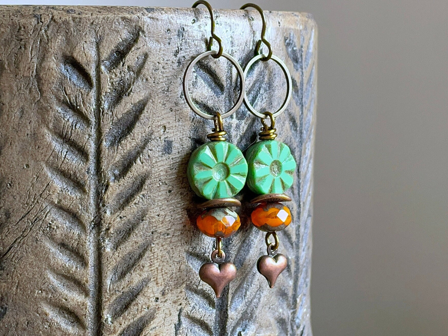 Green & Orange Czech Glass Earrings with Copper Heart Charms. Bohemian Style Jewellery. Colourful Glass Bead Earrings for Summer