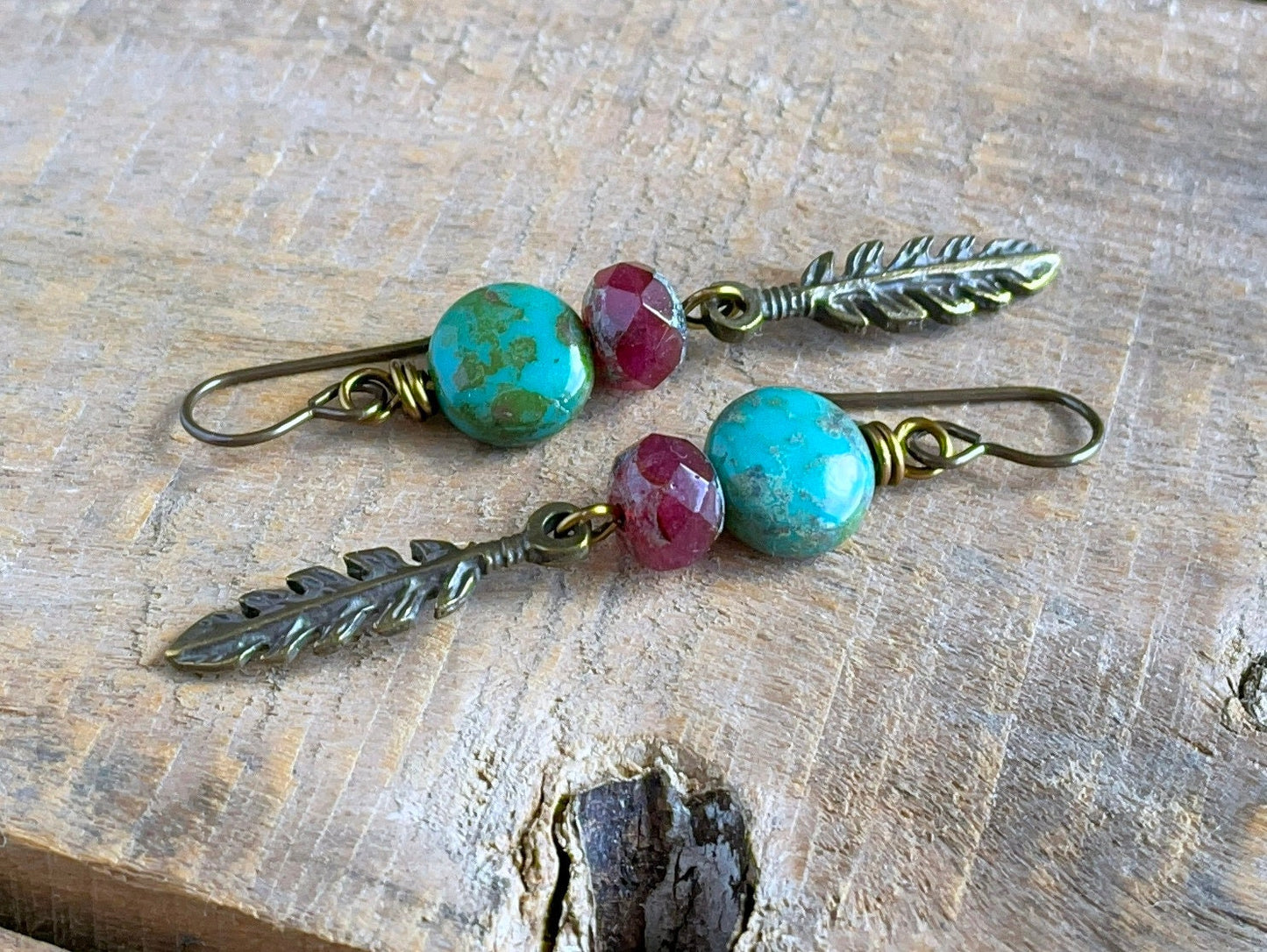 Rustic Feather Charm Earrings with Green & Pink Glass Beads. Bohemian Style Czech Glass Jewellery