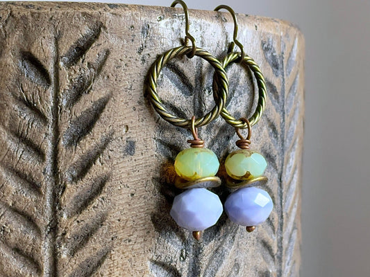 Lilac & Green Faceted Glass Bead Earrings, Spring Colour Jewellery, Bohemian Style