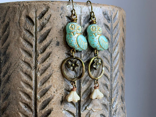 Whimsical Czech Glass Owl Earrings - Nature Inspired Jewellery for Bird Lovers