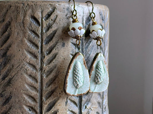 Rustic Sage Green Earrings with Artisan Ceramic Wild Grass Charms. Nature Inspired Jewellery. Unique Gardener's Gift