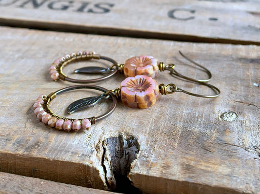 Bohemian Wire Wrapped Earrings. Coral Peach Czech Glass Flower Earrings. Summer Festival Jewellery