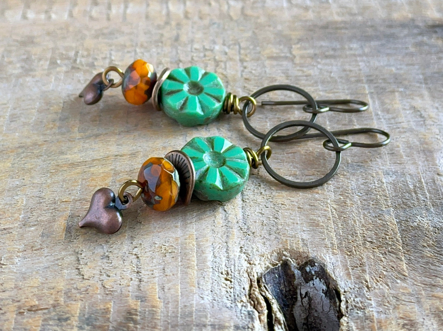 Green & Orange Czech Glass Earrings with Copper Heart Charms. Bohemian Style Jewellery. Colourful Glass Bead Earrings for Summer