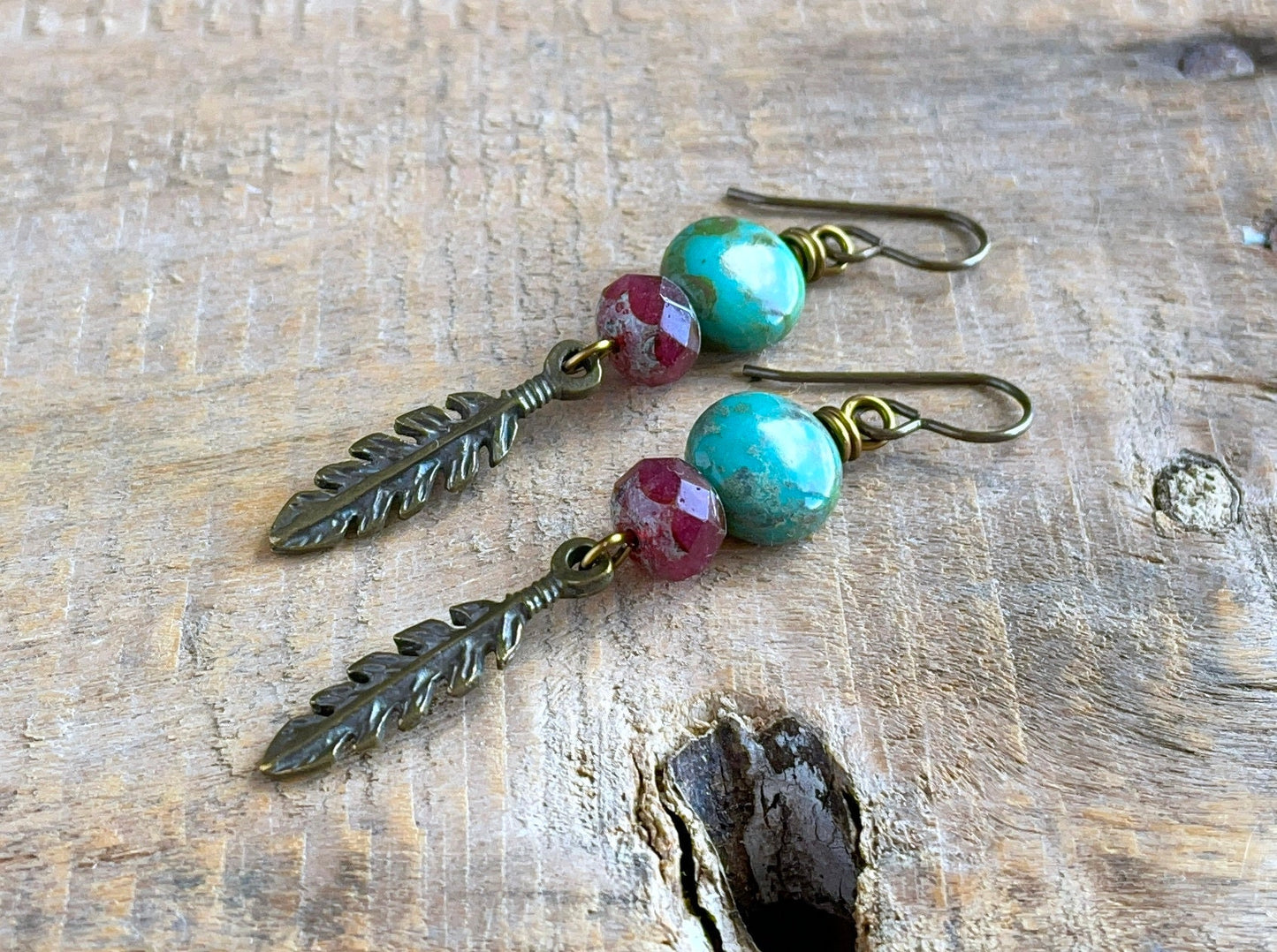 Rustic Feather Charm Earrings with Green & Pink Glass Beads. Bohemian Style Czech Glass Jewellery