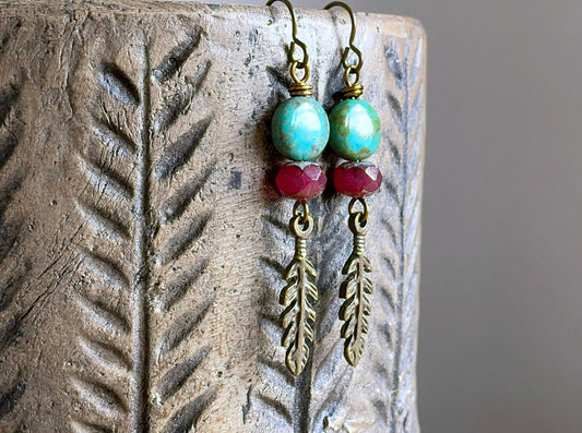 Rustic Feather Charm Earrings with Green & Pink Glass Beads. Bohemian Style Czech Glass Jewellery