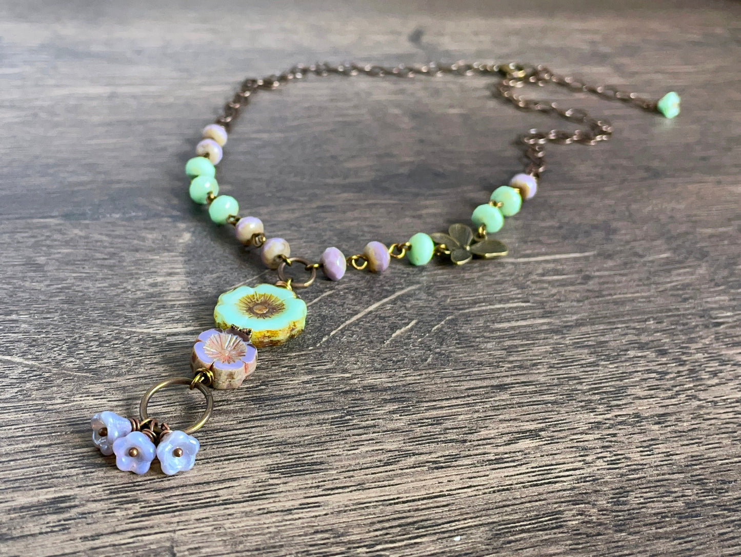 Czech Glass Flower Necklace. Lavender & Mint Green Floral Necklace. Bohemian Style Necklace. Whimsical, Nature Inspired Jewellery