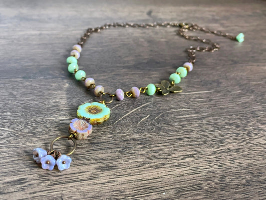 Czech Glass Flower Necklace. Lavender & Mint Green Floral Necklace. Bohemian Style Necklace. Whimsical, Nature Inspired Jewellery