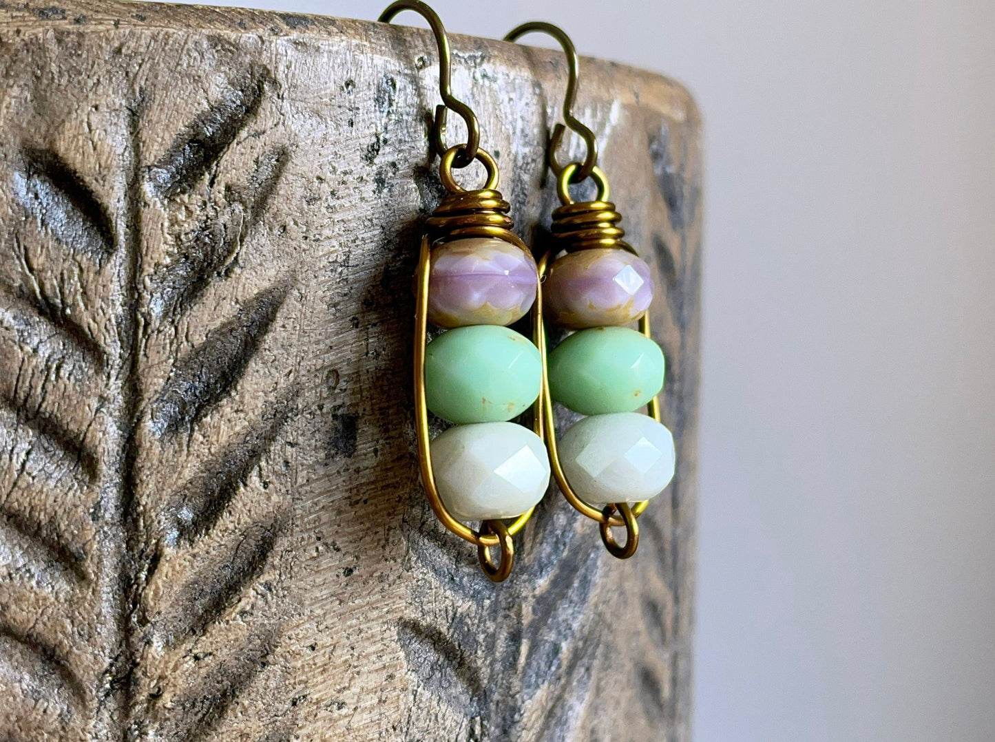 Czech Glass Bead Earrings. Mint and Lavender Petite Drops. Minimalist Wire Work Design