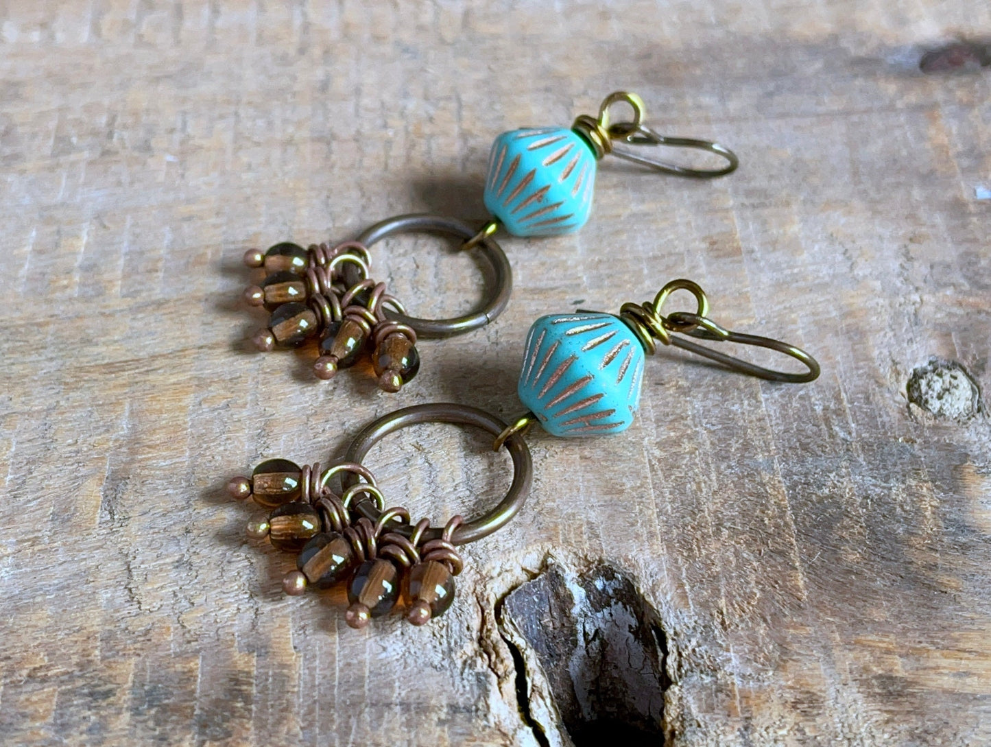 Bohemian Cluster Earrings - Turquoise & Amber Czech Glass, Autumnal Rustic Dangles, Fall Jewelry