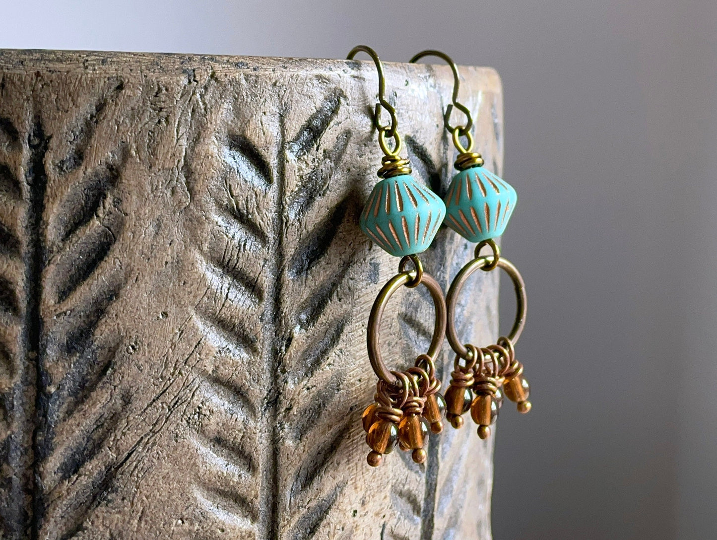 Bohemian Cluster Earrings - Turquoise & Amber Czech Glass, Autumnal Rustic Dangles, Fall Jewelry