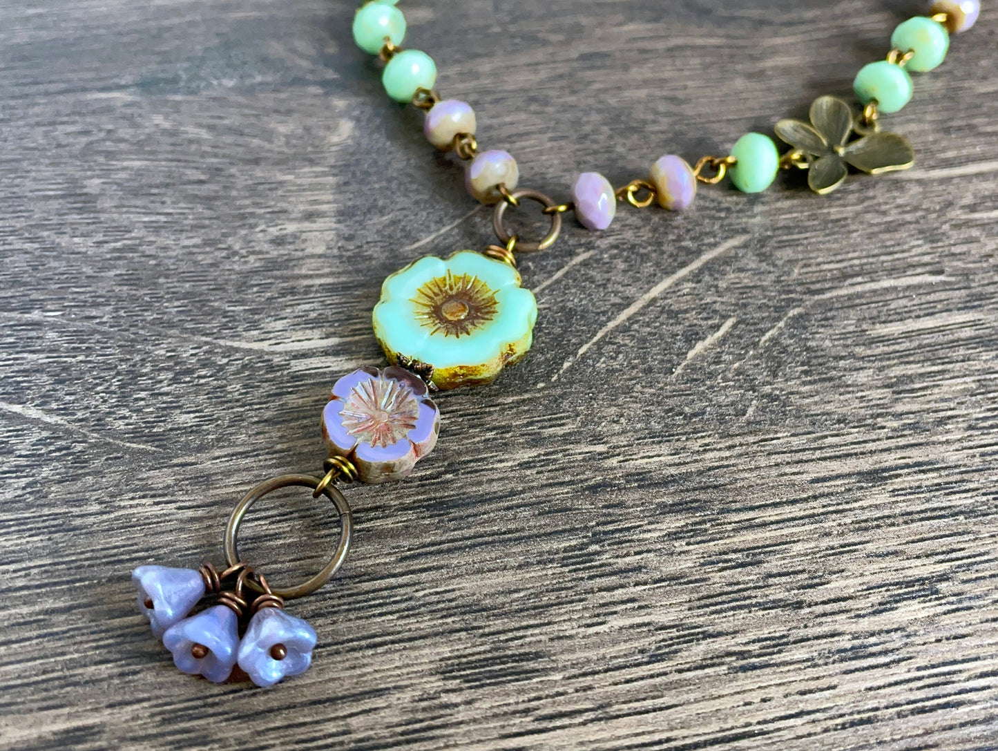 Czech Glass Flower Necklace. Lavender & Mint Green Floral Necklace. Bohemian Style Necklace. Whimsical, Nature Inspired Jewellery