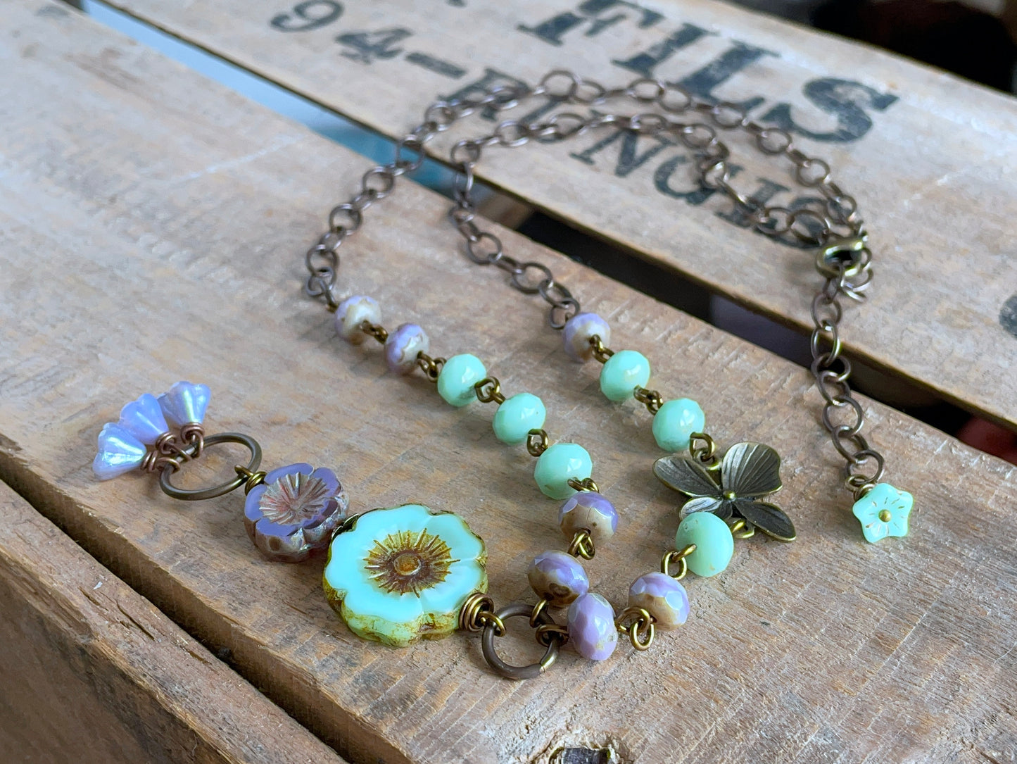 Czech Glass Flower Necklace. Lavender & Mint Green Floral Necklace. Bohemian Style Necklace. Whimsical, Nature Inspired Jewellery