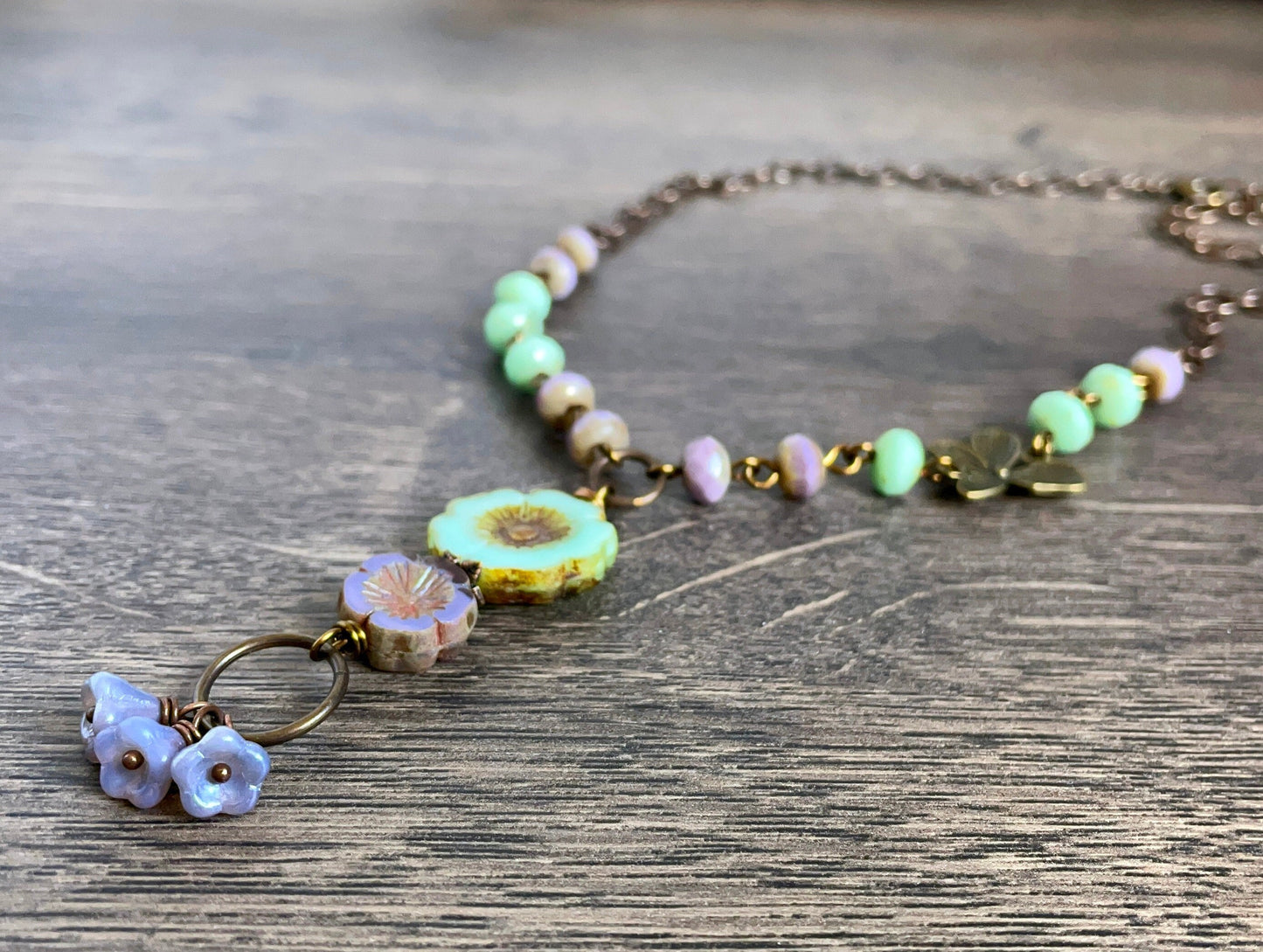 Czech Glass Flower Necklace. Lavender & Mint Green Floral Necklace. Bohemian Style Necklace. Whimsical, Nature Inspired Jewellery