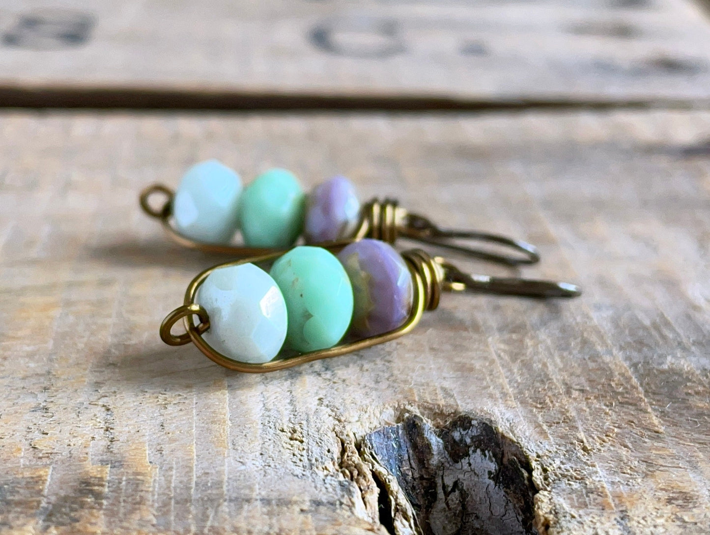 Czech Glass Bead Earrings. Mint and Lavender Petite Drops. Minimalist Wire Work Design