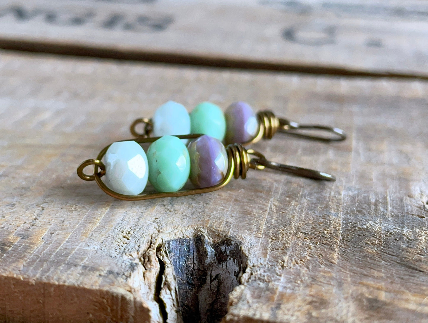 Czech Glass Bead Earrings. Mint and Lavender Petite Drops. Minimalist Wire Work Design