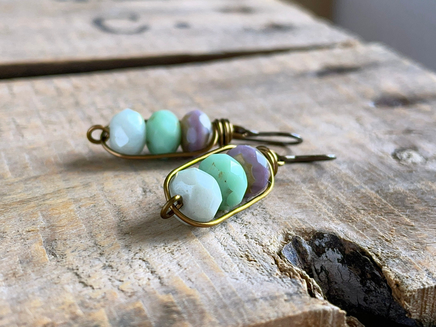 Czech Glass Bead Earrings. Mint and Lavender Petite Drops. Minimalist Wire Work Design