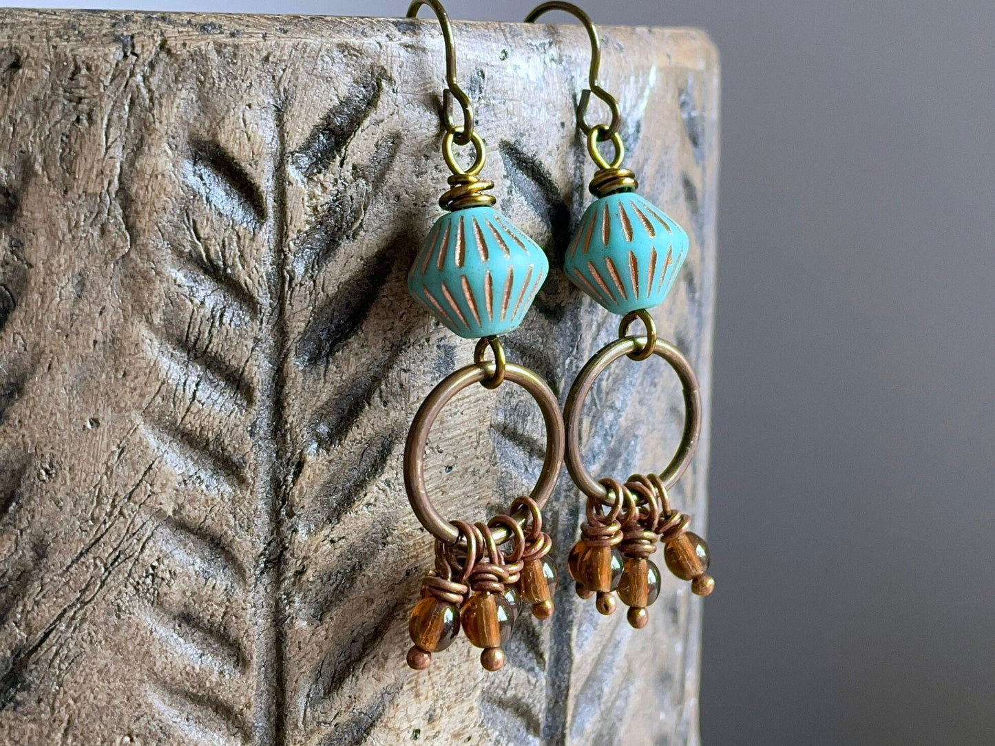 Bohemian Cluster Earrings - Turquoise & Amber Czech Glass, Autumnal Rustic Dangles, Fall Jewelry