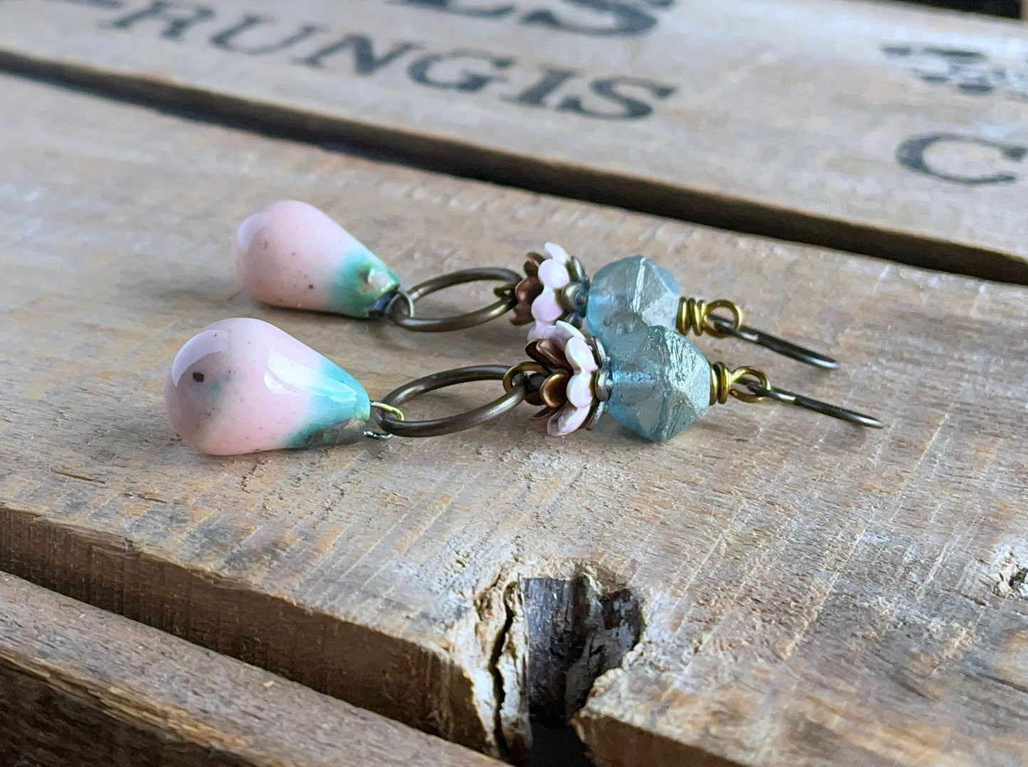 Handcrafted Ceramic Drop Earrings in Blush Pink & Aqua - Artisan Statement Jewellery