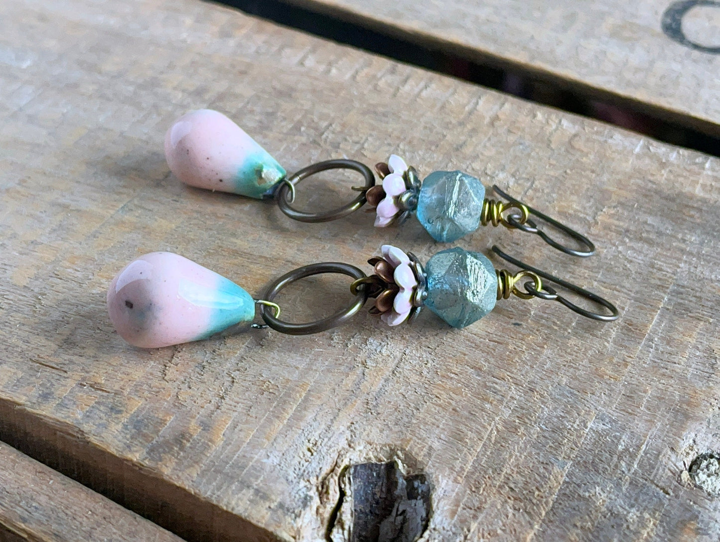 Handcrafted Ceramic Drop Earrings in Blush Pink & Aqua - Artisan Statement Jewellery