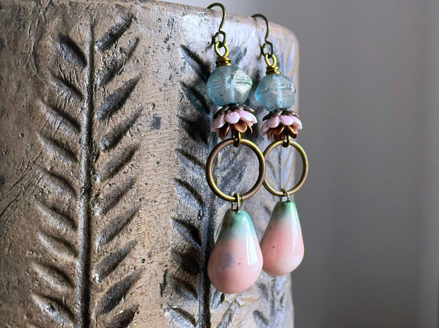 Handcrafted Ceramic Drop Earrings in Blush Pink & Aqua - Artisan Statement Jewellery