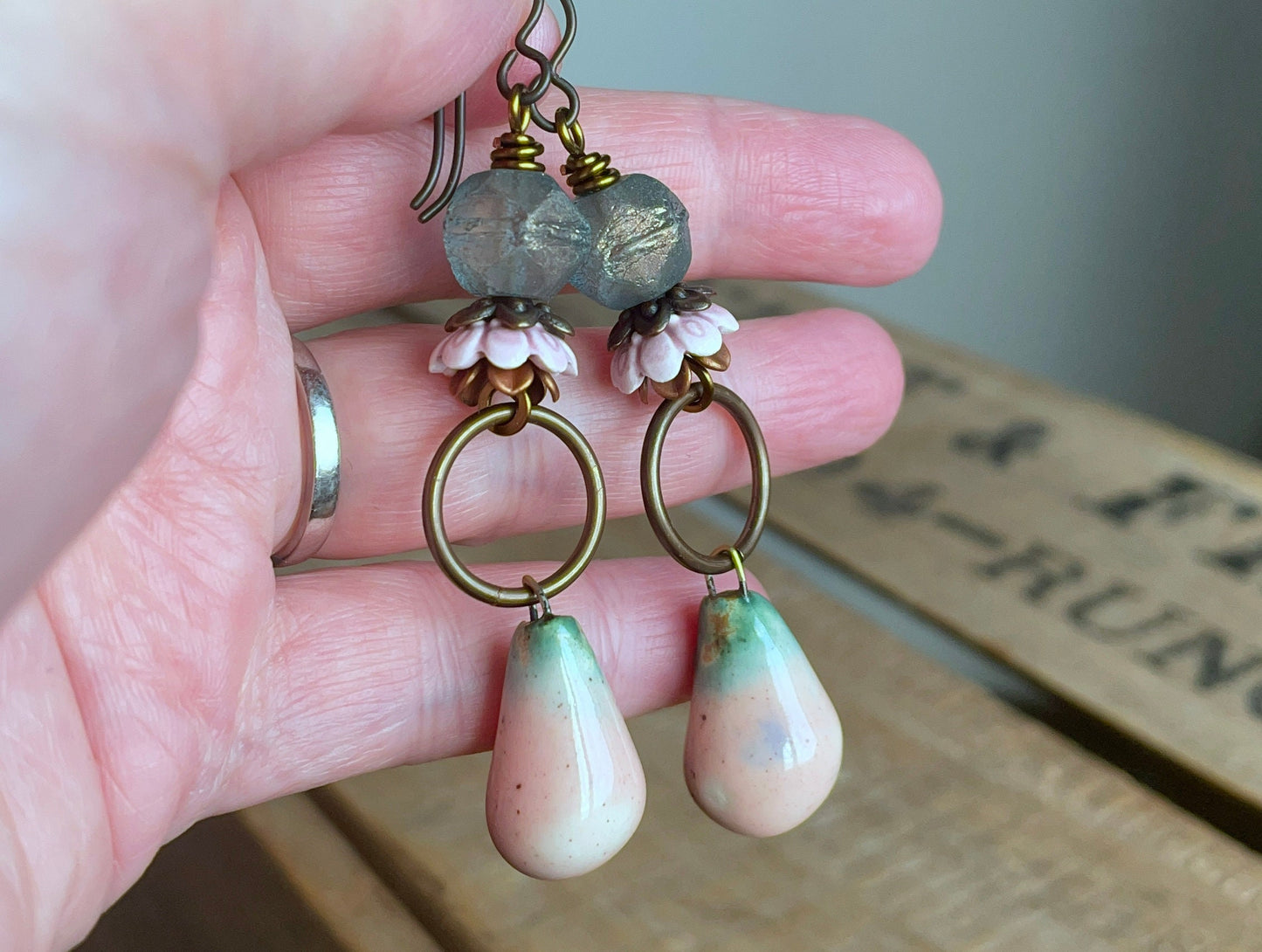 Handcrafted Ceramic Drop Earrings in Blush Pink & Aqua - Artisan Statement Jewellery