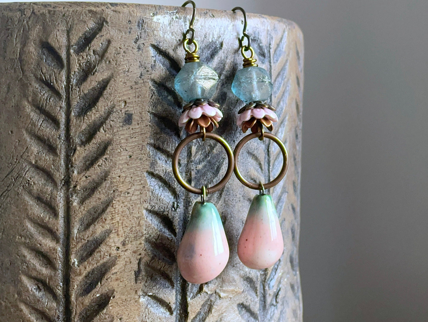 Handcrafted Ceramic Drop Earrings in Blush Pink & Aqua - Artisan Statement Jewellery