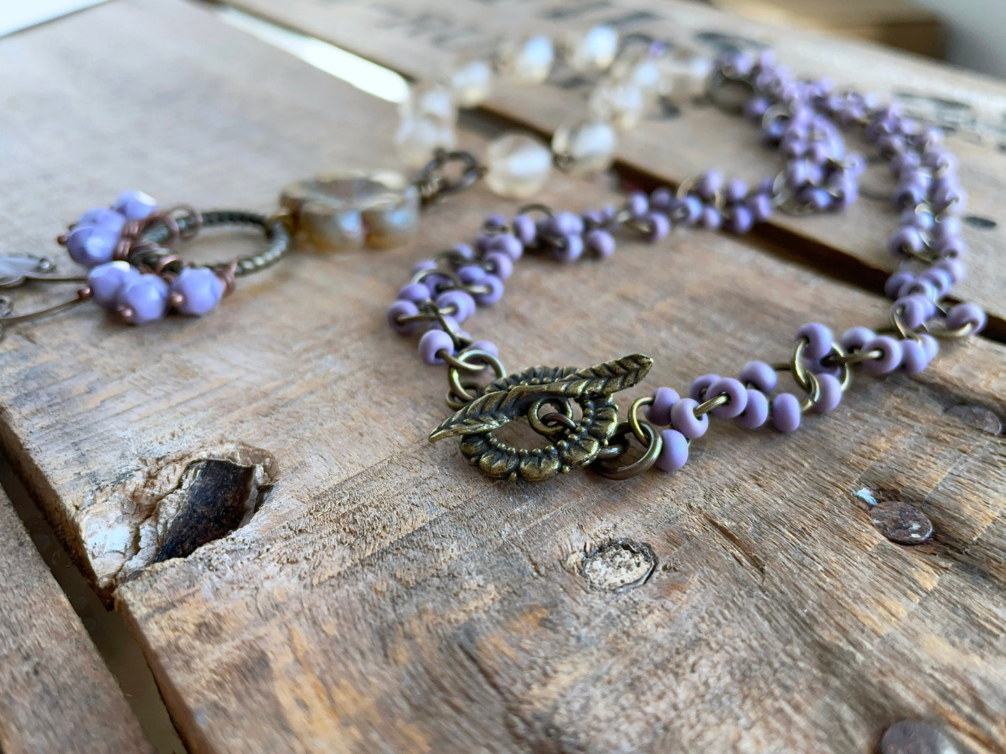 Bohemian Style Purple & Cream Necklace with Brass Leaf and Czech Glass Flower - Nature Lover Jewellery.