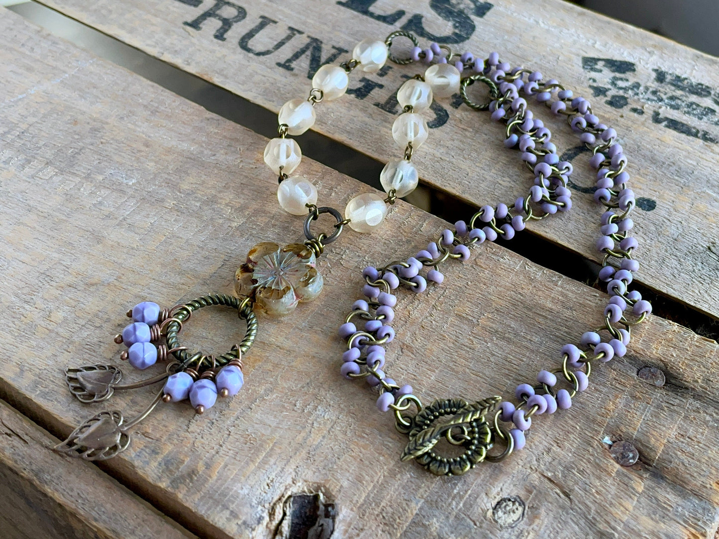 Bohemian Style Purple & Cream Necklace with Brass Leaf and Czech Glass Flower - Nature Lover Jewellery.