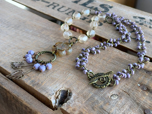 Bohemian Style Purple & Cream Necklace with Brass Leaf and Czech Glass Flower - Nature Lover Jewellery.