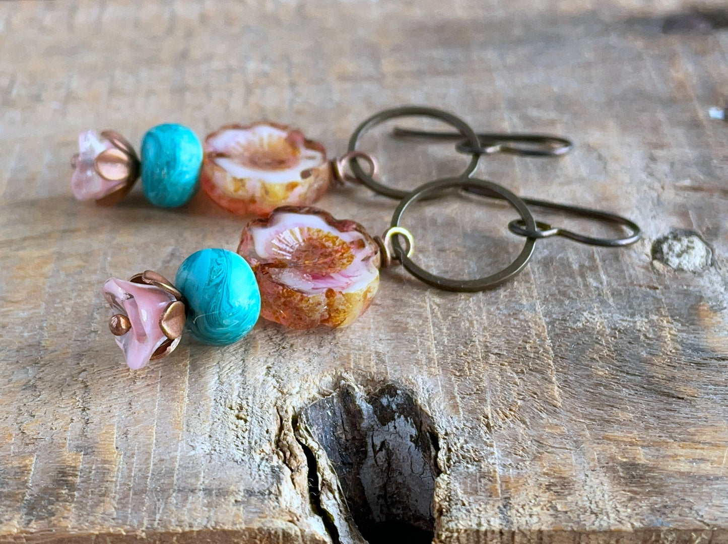 Spring Inspired Stacked Czech Glass Flower Earrings. Rose Pink  Green Floral Earrings. Glass Flower Earrings