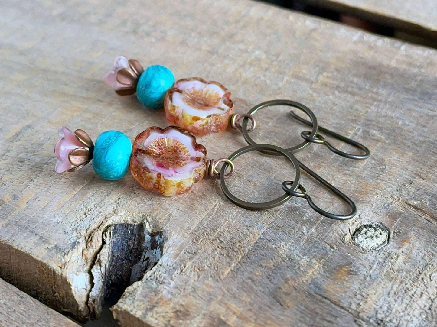 Spring Inspired Stacked Czech Glass Flower Earrings. Rose Pink  Green Floral Earrings. Glass Flower Earrings